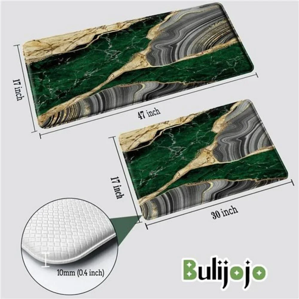 Green Marble Anti Fatigue Kitchen Mat Set Cushioned Waterproof Floor Runner